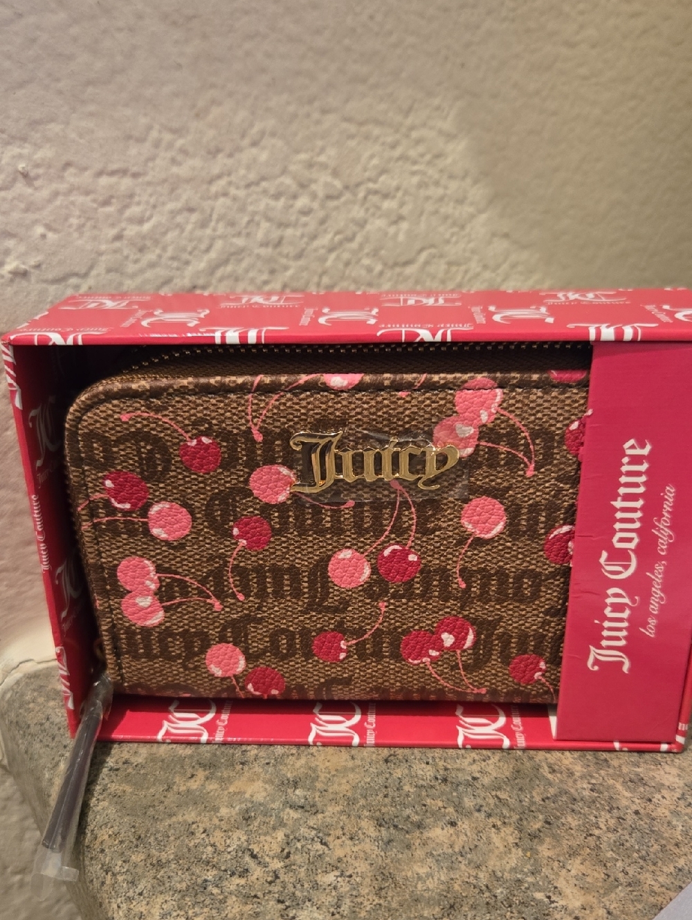 Juicy Couture Brown Wallet with Pink Cherry Motif Nwot